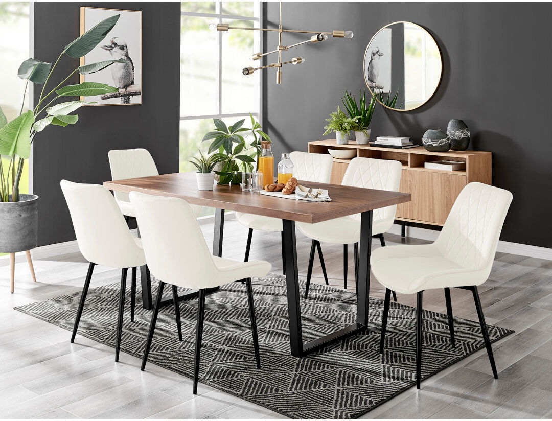 Canora Grey Kylooe Modern Sleigh Style Dining Table Set With 6 Luxury Quilted Velvet Dining Chairs Brown/Cream/Black 6