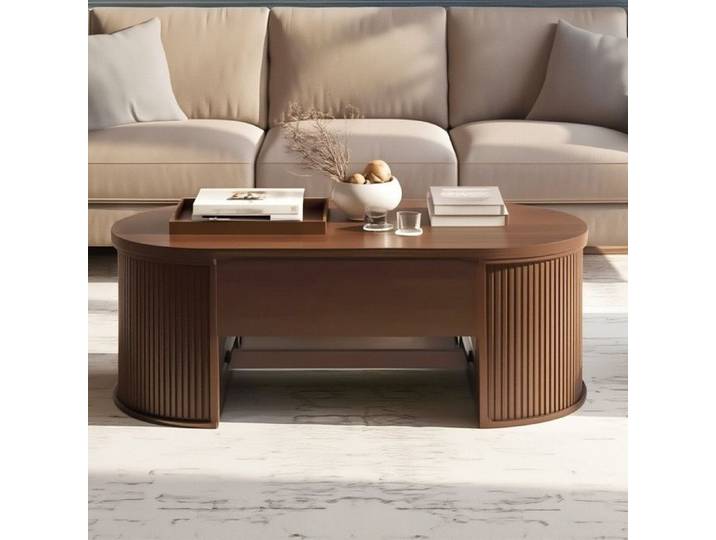 Table Basse Relevable 110x55 5x40cm - Design Arrondi - Stockage Caché - Tiroir Coulissant - Noyer