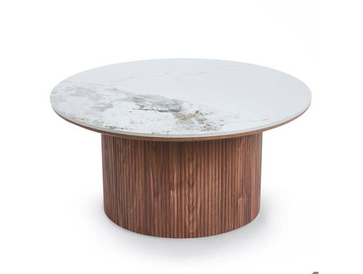 MENZZO Table basse moderne ronde 80cm Eglantine Bois et Céramique Effet marbre Blanc