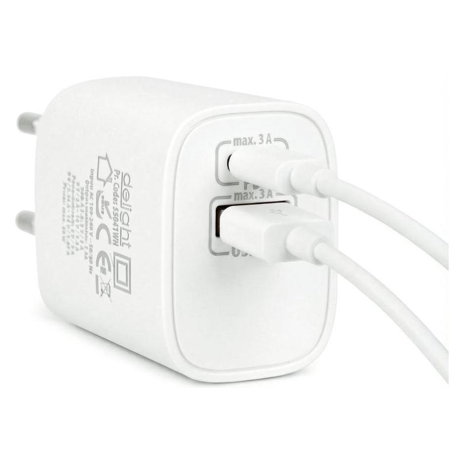 Delight Telefon töltő - 1db Type-C + 1db USB PD20W gyorstöltéssel, Fehér (20 W, 2 Ports) (TBKDELIGHT55041WH)
