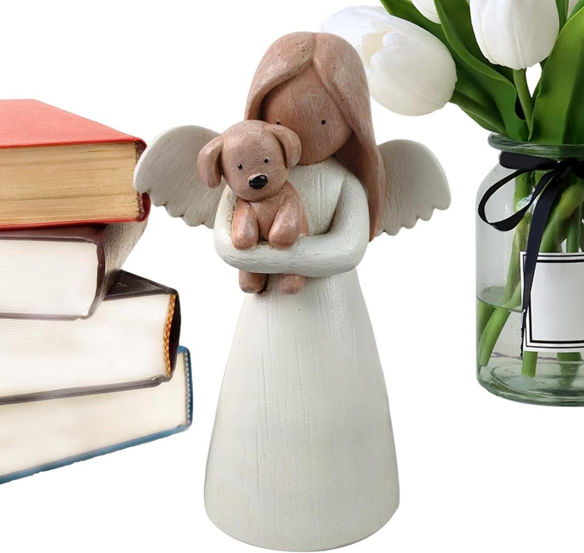Wit engelenbeeldje met hond van hars voor op tafel, lengte: 12 cm