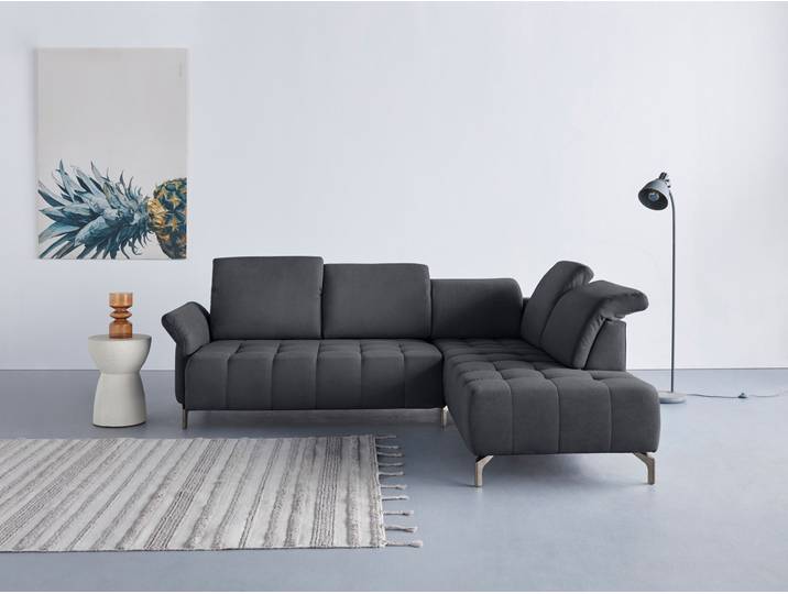 Ecksofa, Polyester, Dunkelgrau, 260×220 cm, Federkern, Kopfteilverstellung, Inosign