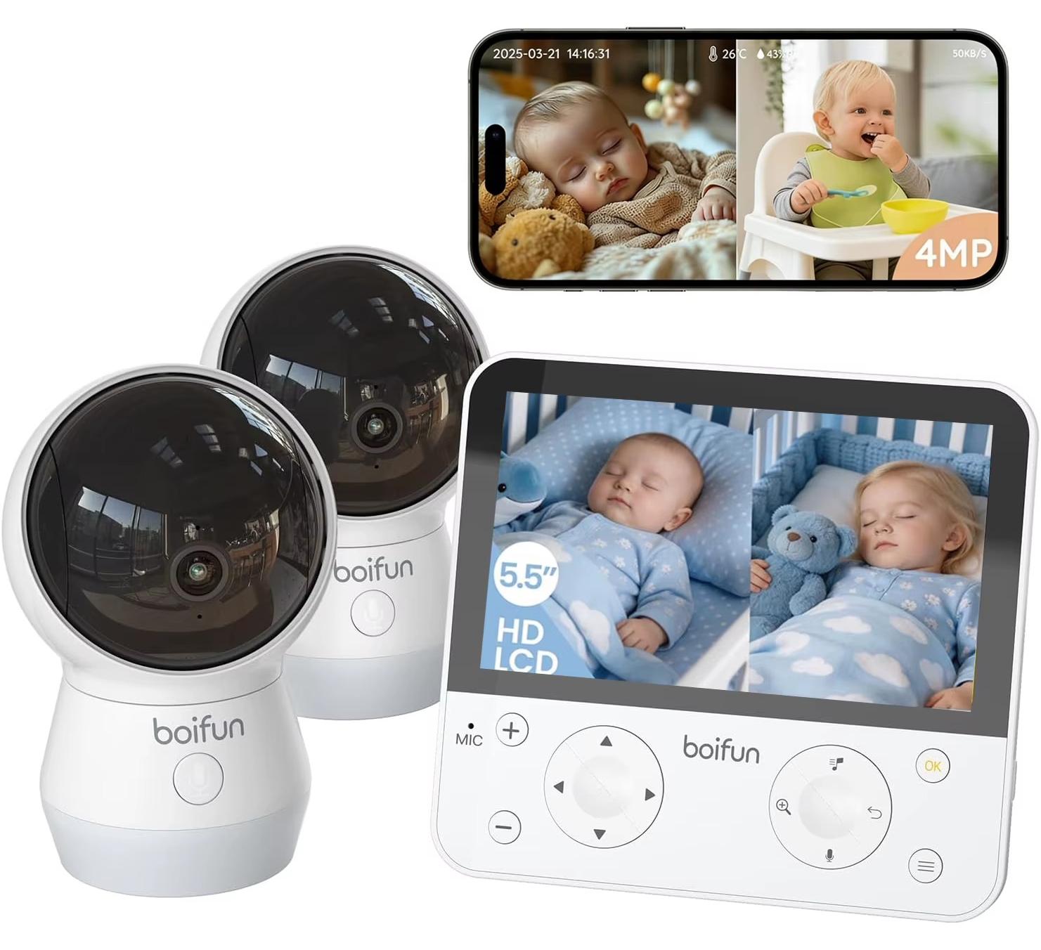 Babyphone - Video-Babyphone - 2 Kameras - 14-cm-LCD-Display - 4 MP - 2,4/5-GHz-WLAN - PTZ - Zwei-Wege-Audio