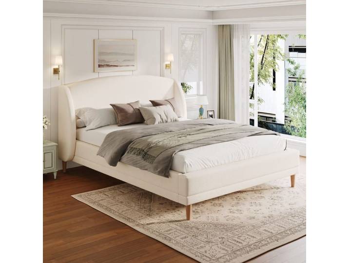 Lit capitonné 140x190 cm - MODERNLUXE - Avec tête de lit à oreilles - Pieds en bois d'hévéa - Blanc