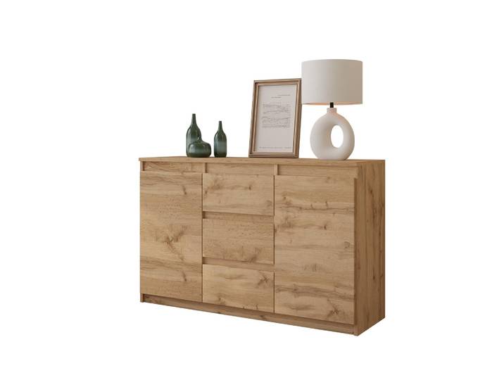 MIKEL - Commode / Sideboard avec 3 tiroirs et 2 portes - Chêne Wotan H75cm L120cm P35cm