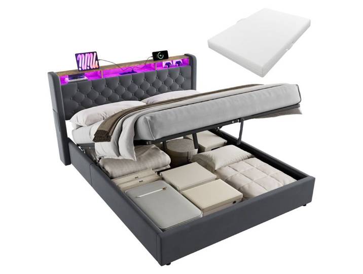 Lit adulte 160x200cm tête de lit rangement avec LED Lit double rangement sous lit Montage Facile velours Gris