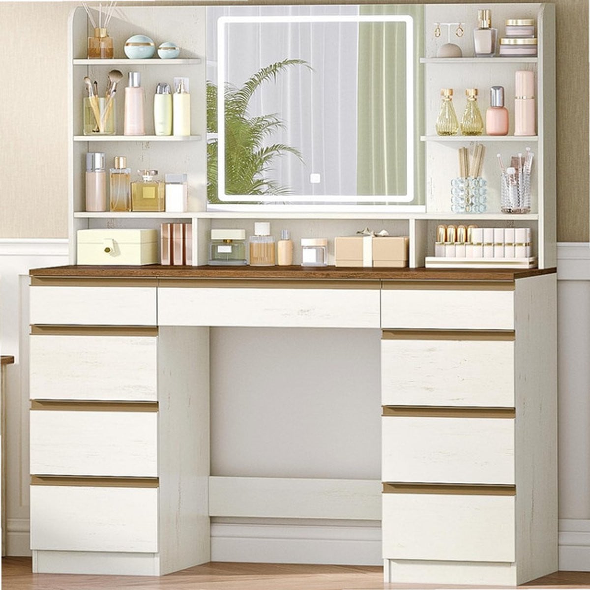 Sierra Grote Kaptafel met LED-verlichting en Spiegel, Wit-Bruin DT41914X