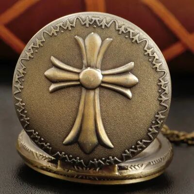ModernMart Vintage Cross Pocket Watch Necklace With Quartz Movement And Bronze Christian Pendant Vintage Cross Pocket Watch Necklace With Quartz Movement And Bronze Christian Pendant