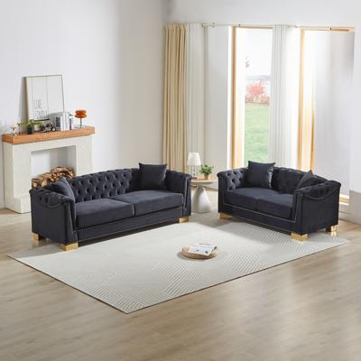 GDFStudio - 5-Seat Pine Wood Frame Velvet Chesterfield Combination Sofa with Tufted & Stud Details