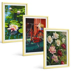 BILDER SET 3er Set - 40x60 cm Goldrahmen - Lilien im Garten, bunte Blumen