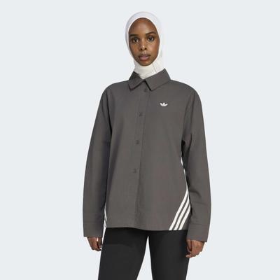 Langarmshirt ADIDAS ORIGINALS "3-STREIFEN HEMD", Damen, Gr. XXL, grau (utility schwarz, cloud weiß), Obermaterial: 100% Baumwolle, Shirts Langarmshirt, lockere Passform, Langarm, sportlich, für Sportmode und Streetwear