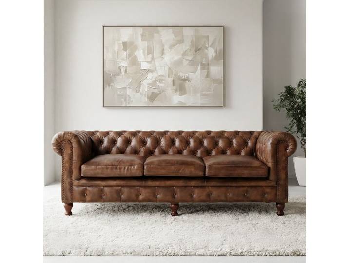 Canapé Chesterfield en cuir véritable marron 3 places - Edward