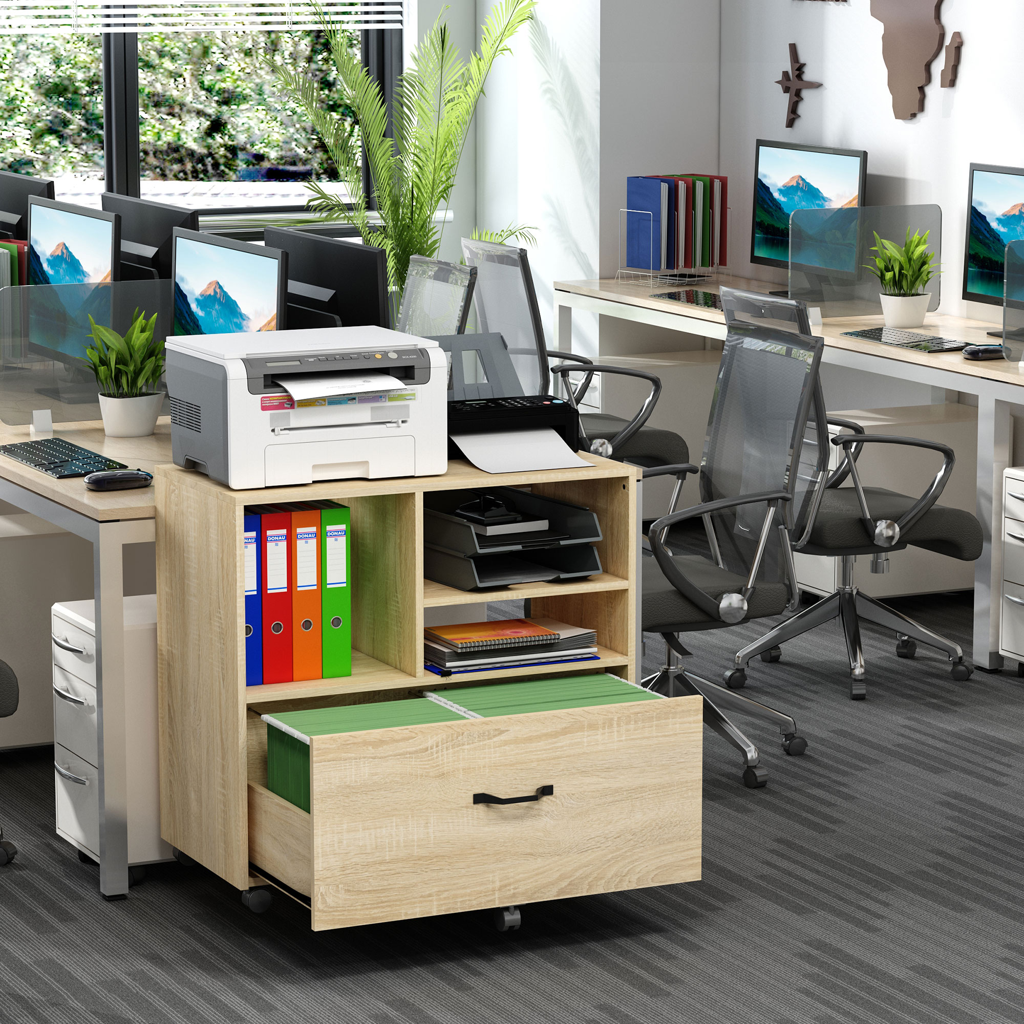Vinsetto Mobile Multiuso per Ufficio Porta Stampante con 5 Ruote e Ripiano Regolabile, 77x40x73cm - Legno Aosom