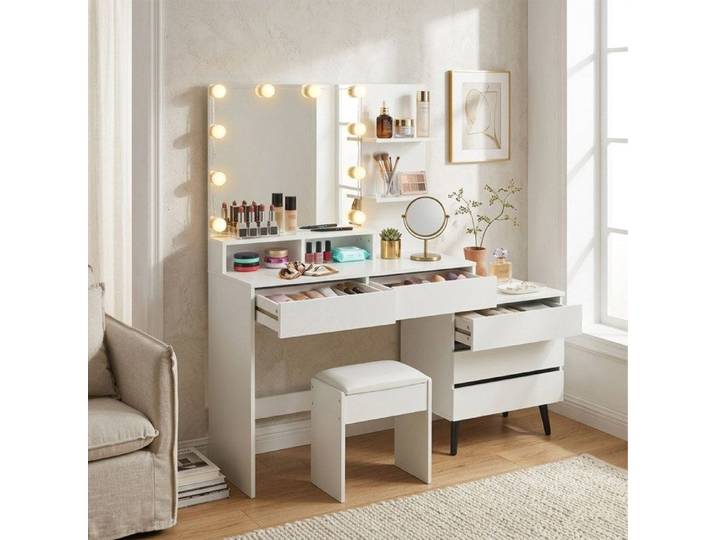 Coiffeuse Relaxdays miroir LED et tabouret 5 tiroirs H x L x P : 143 x 150 x 38 cm blanche