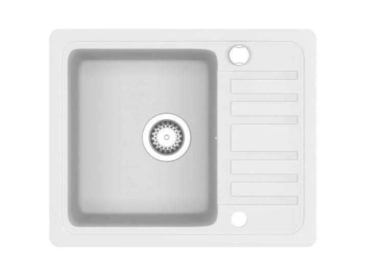 Küchenspüle aus weißem Granit, wendbar, nur 1 tiefes Waschbecken Siebkorbfilter inklusive, rechts und links montierbar, hitzeresistent, Kratzer, Stöße, zeitloses elegantes Design