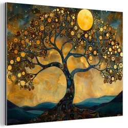 METALLBILD Baum - Mond - Blumen - Gold - Kunst 40x30 cm