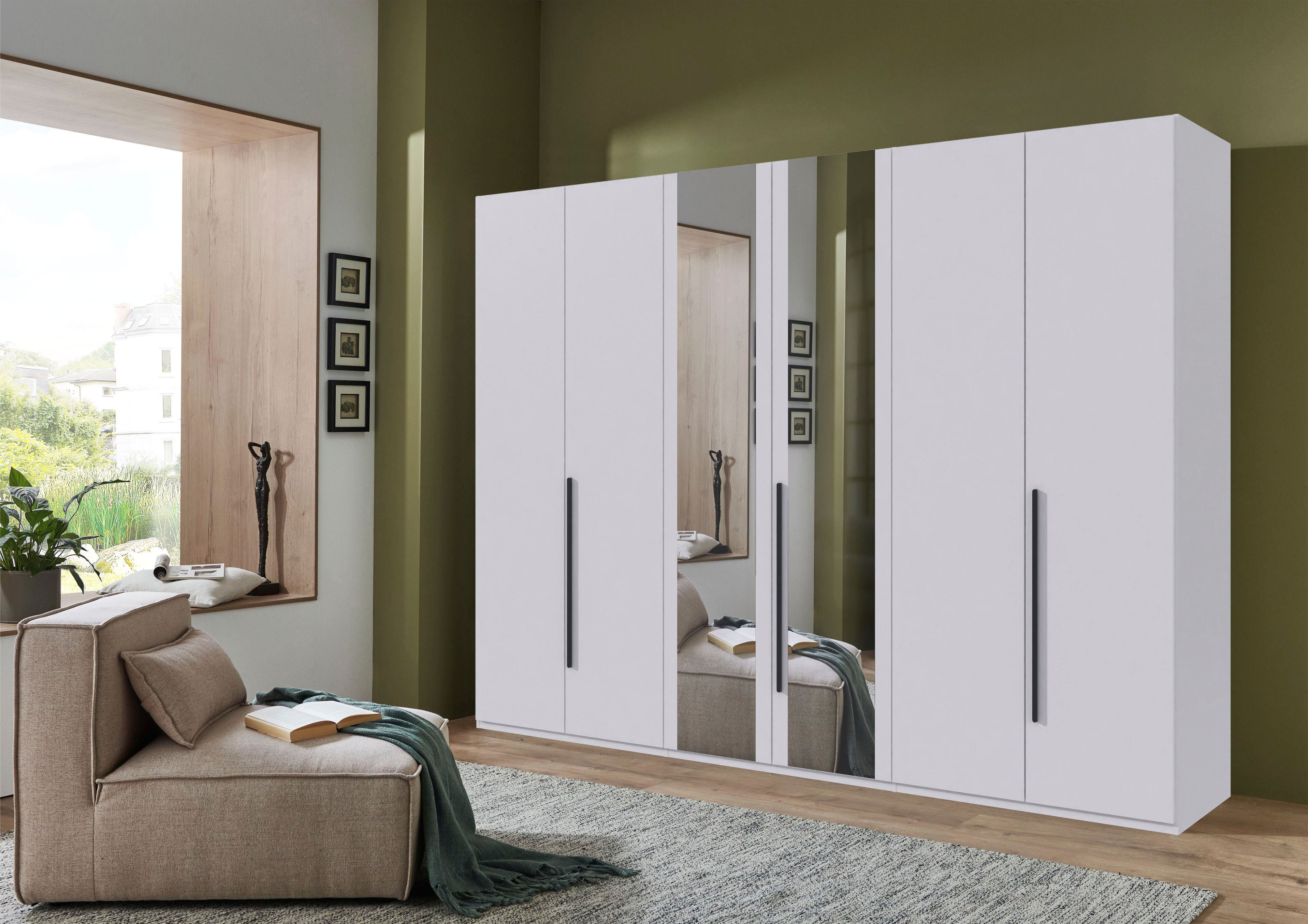 Drehtürenschrank WIMEX "London in den Breiten 180cm, 225cm und 270cm erhältlich, inkl. Spiegel", weiss (weiß, griffe grafit), B:270cm H:208cm T:58cm, Holzwerkstoff, Schränke, Drehtürenschrank, Kleiderschrank wahlweise mit Basic- o. Premium-Ausstattung erh