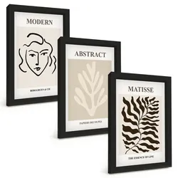 BILDER SET 3er Set - 20x30 cm Schwarzer Rahmen - Gesicht Blätter Kunst Matisse