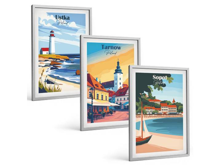 Tulup Bilder SET 3er Set - 40x60 cm Silberner Rahmen - Stadtansichten Ustka Tarnów Sopot, Silberfarben, Kunststoff, Rechteckig, 40x60 cm, gerahmt, Bilder & Rahmen, Bilder