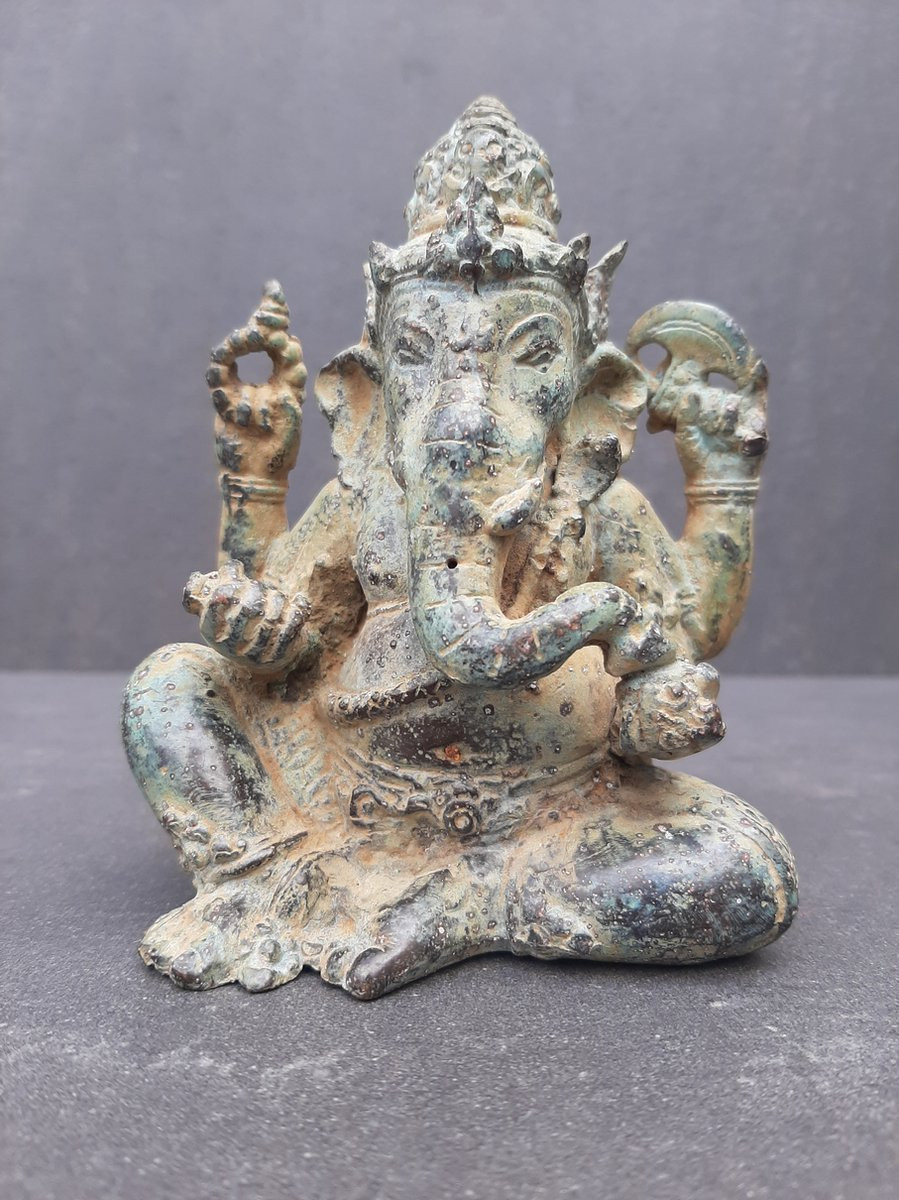 Ganesh Ganapati bronzen statuette met groene patina uit India