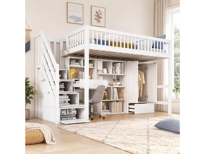 Lit mezzanine enfant multifonctionnel - LEMONBEST - 90x200 - Bois massif & MDF - Bureau et rangements - Blanc