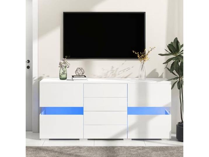 QQJIN Sideboard Weiss mit LED, 2 Klartüren + 4 Schubladen, Hochglanzfronten & Matter Korpus, 140cm Kommoden & Sideboards für Wohnzimmer, Küche, Flur,G