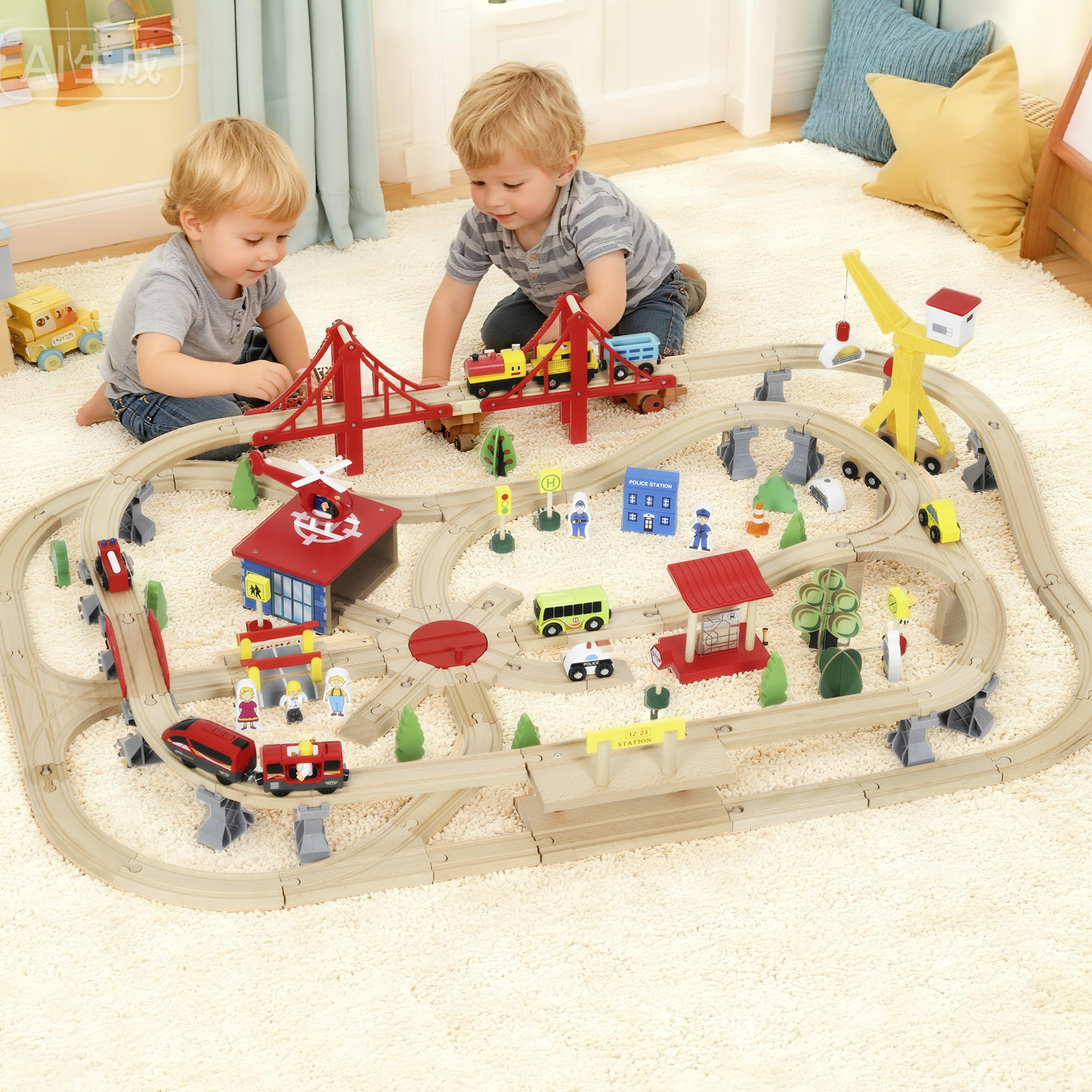 Aiyaplay Set trenino in legno per Bambini da 3 Anni 133 pezzi con locomotiva elettrica, binari e ponte   Aosom Italy
