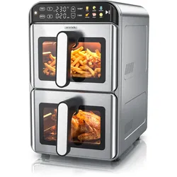 Arendo Heißluftfritteuse XXL Doppelkammer mit 2 Kammern übereinander, Airfryer 11L, Dual Zone, 2200 W, Umluft Backofen mit Zubehör, Edelstahl