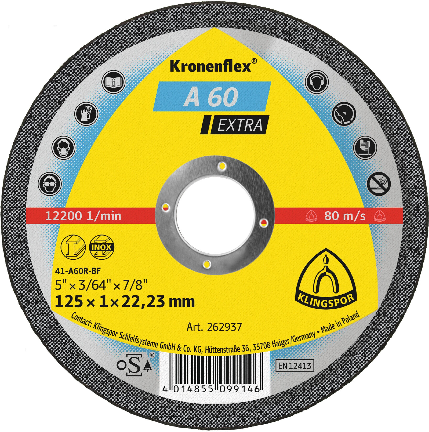 Klingspor A 60 EX Trennscheiben aus Korund mit gerader Form (125 x 1 x 22,23 mm) für Metalltrennung, 262937)