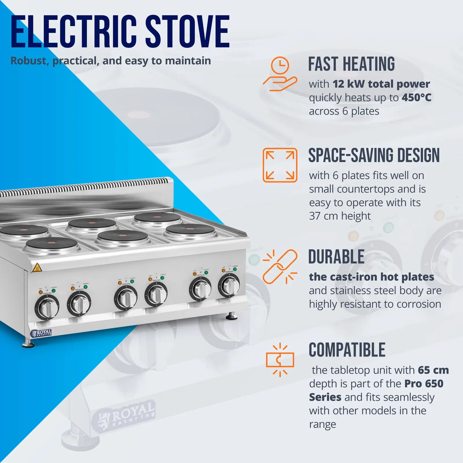 Elektroherd Gastro - 12 kW - 6 Platten - 90 x 65 cm - Pro 650 Series - Royal Catering RCES-120/700-6B