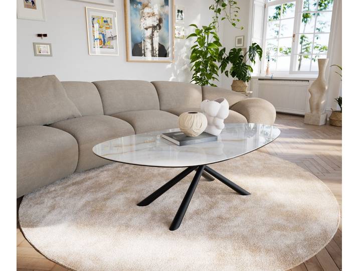 DELIFE Couchtisch Edge Oval 140x75 cm Keramik Onyx Pearl Sarity Metall Schwarz, Couchtische
