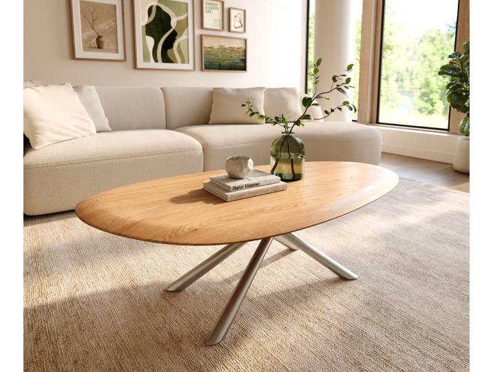 DELIFE Couchtisch Edge Oval 140x75 cm Eiche Natur Runde Kante Sarity Edelstahl gebürstet, Couchtische