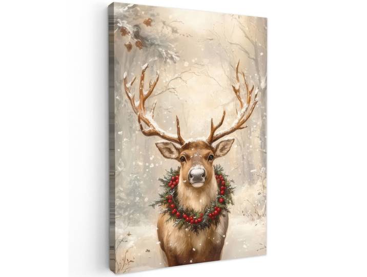 LEINWANDBILD Weihnachten - Rentier - Winter - Kranz Deko XXL 80x120 cm