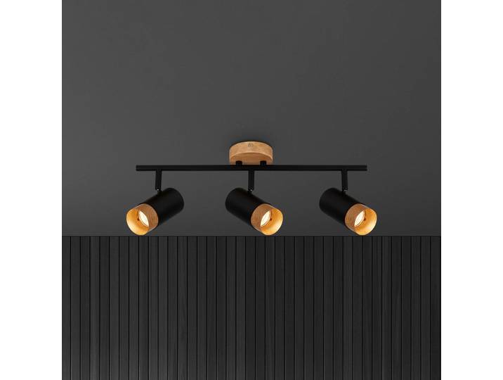 Briloner Deckenspot Plek GU10 schwarz/Holz dreiflammig Plek, dimmbar, schwarz, für Wohn- / Esszimmer, Metall, Modern, Deckenlampe