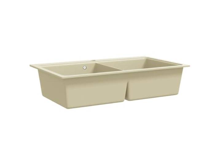 Xhnifbn Granitspüle Doppelbecken Beige 860x510mm Einbauspüle Hitze- und kratzfeste Quarzkomposit-Ausführung für die moderne Küche mit passendem Siebkorb.