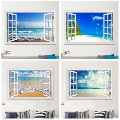 Inspired Finds OceanView 3D Window Wall Sticker Beach Scene Vinyl Decor island Hut 28x40 In
