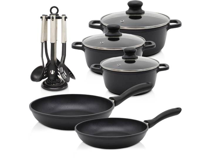 Topf-Set KRÜGER Aluguss Topf-/ Pfannenset LEIPZIG inkl. Küchenhelfern, 15 tlg. , schwarz, Töpfe, inkl. 7-tlg. Küchenhelfer-Set