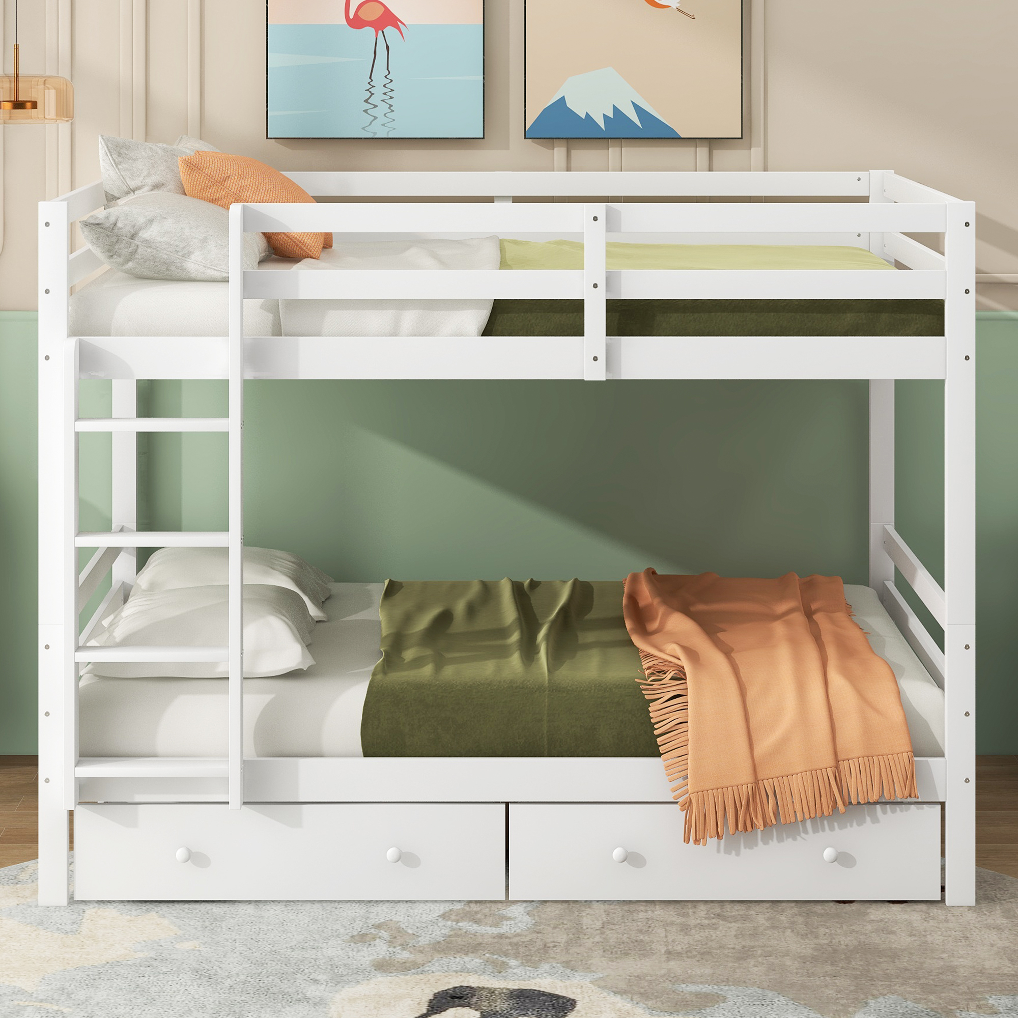 okwish Etagenbett Holzbett 140*200cm mit Stauraum- 2 Schubladen, Kinderbett Doppelbett-Hohe Geländer, ohne Matratze- Weiß