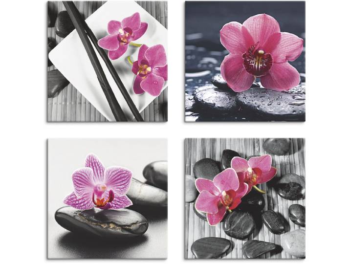 Leinwandbild ARTLAND Asiatische Komposition Orchidee Zen , pink (farbe bild(er): pink), B:30cm H:30cm, Leinwand, MDF, Bilder, Leinwandbild, 4er Set, verschiedene Grössen