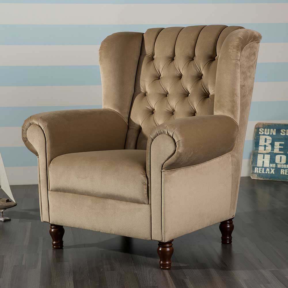Pharao24.de Federkern Wohnzimmer Sessel in Beige Samt Chesterfield Look
