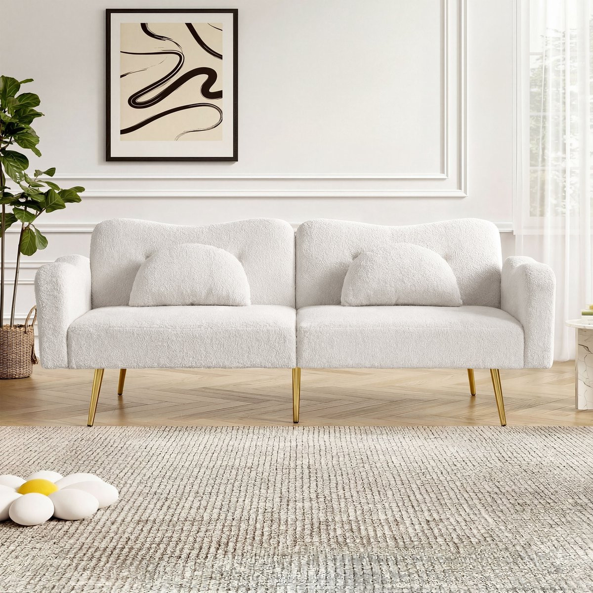 MODFU Tweezits Slaapbank met Verstelbare Rugleuning en Wolkvormig Design in Wit