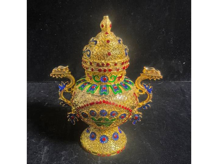 Poêle à double dragon en alliage de cuivre antique, artisanat, ornement de brûleur d'encens incrusté peint
