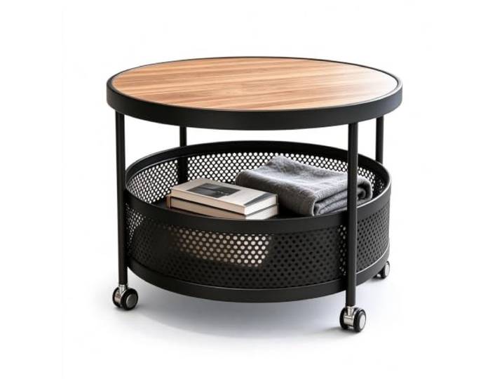 Moderner runder Couchtisch mit 2 Ebenen und Rollen Moderner runder Couchtisch mit 2 Ebenen und Rollen, Aufbewahrungskorb aus Netzstoff for die Sofamitte im Wohnzimmer