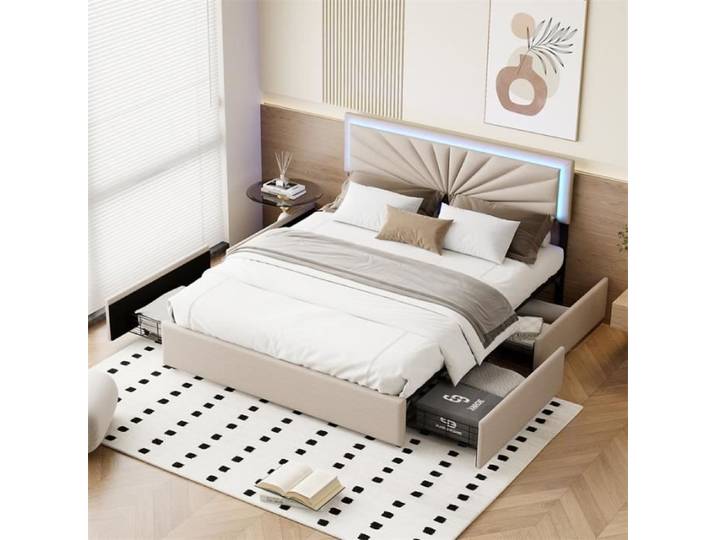 Lit rembourré - DREAMMESPACE - 160x200cm - Beige - 4 tiroirs - LED réglable