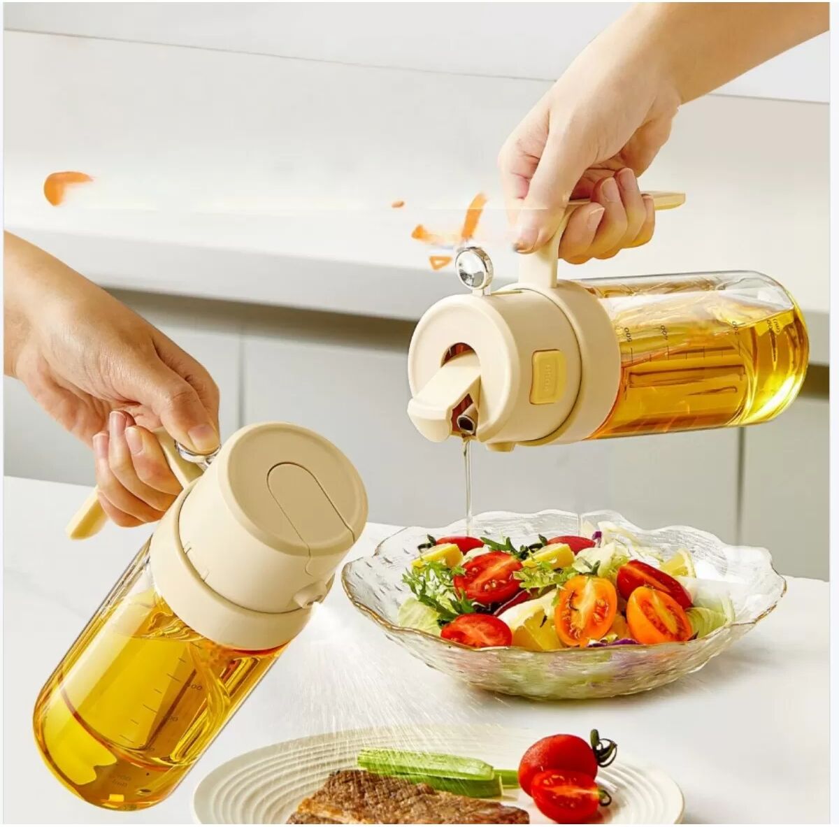 INF 500ML Küchen Glas Ölsprüher - Dual-Funktions Ölspender für gesundes Kochen Gelb