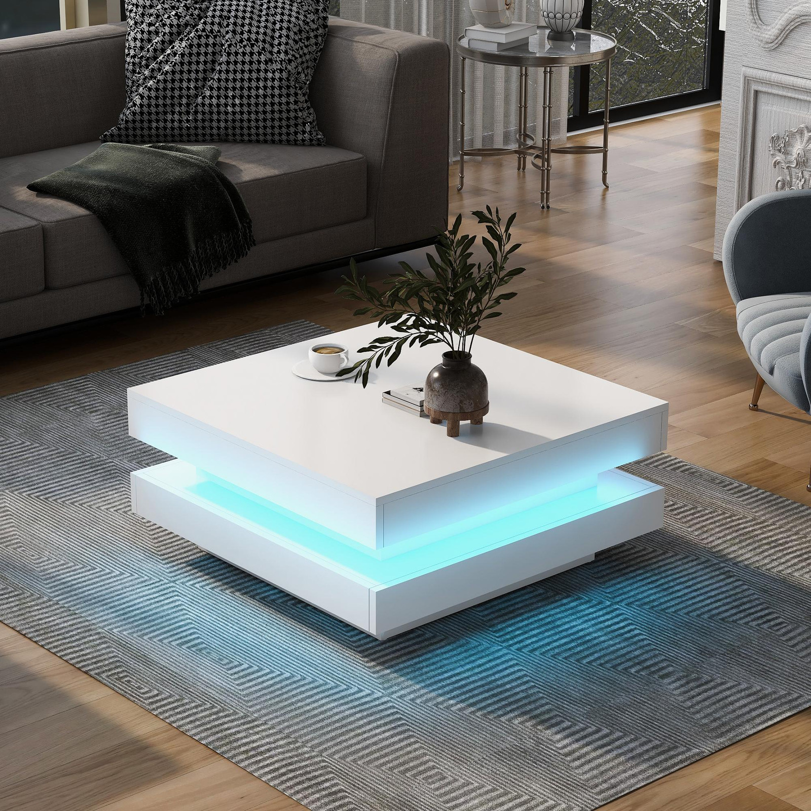 Rolipo Witte vierkante salontafel met Bluetooth-LED-verlichting in moderne stijl