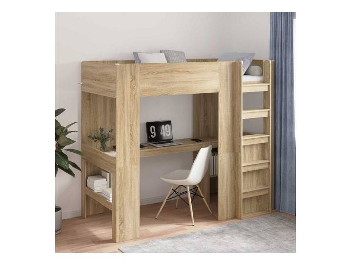 furnicato Bett Loft-Bettenrahmen mit Schreibtisch 193x103x175 cm Sonoma-Eiche (1-tlg), Integriertes Hochbett mit Regalen und Arbeitsplatz für Studenten