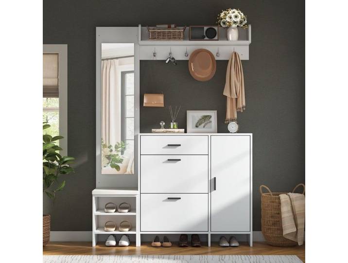 Meuble entrée multifonction blanc banc rangement chaussures avec miroir et patères pour couloir 140x30x200 cm