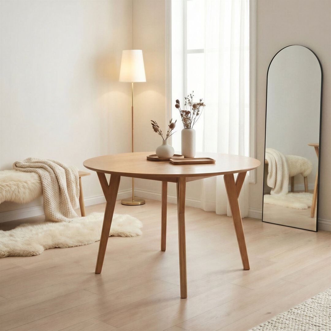 Canora Grey Drea Round Solid Wooden 6 Seater Dining Table - Traditional Rustic Farmhouse Kitchen Style Walnut