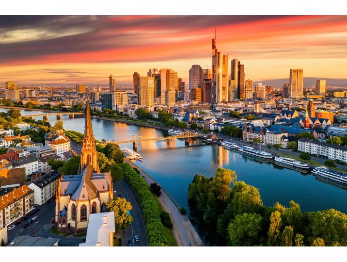 Fototapete PAPERMOON FRANKFURT-MAIN SKYLINE WOLKENKRATZER BRÜCKE FLUSS SONNE , bunt, B:4,5m L:2,8m, Vlies, Tapeten, Fototapete